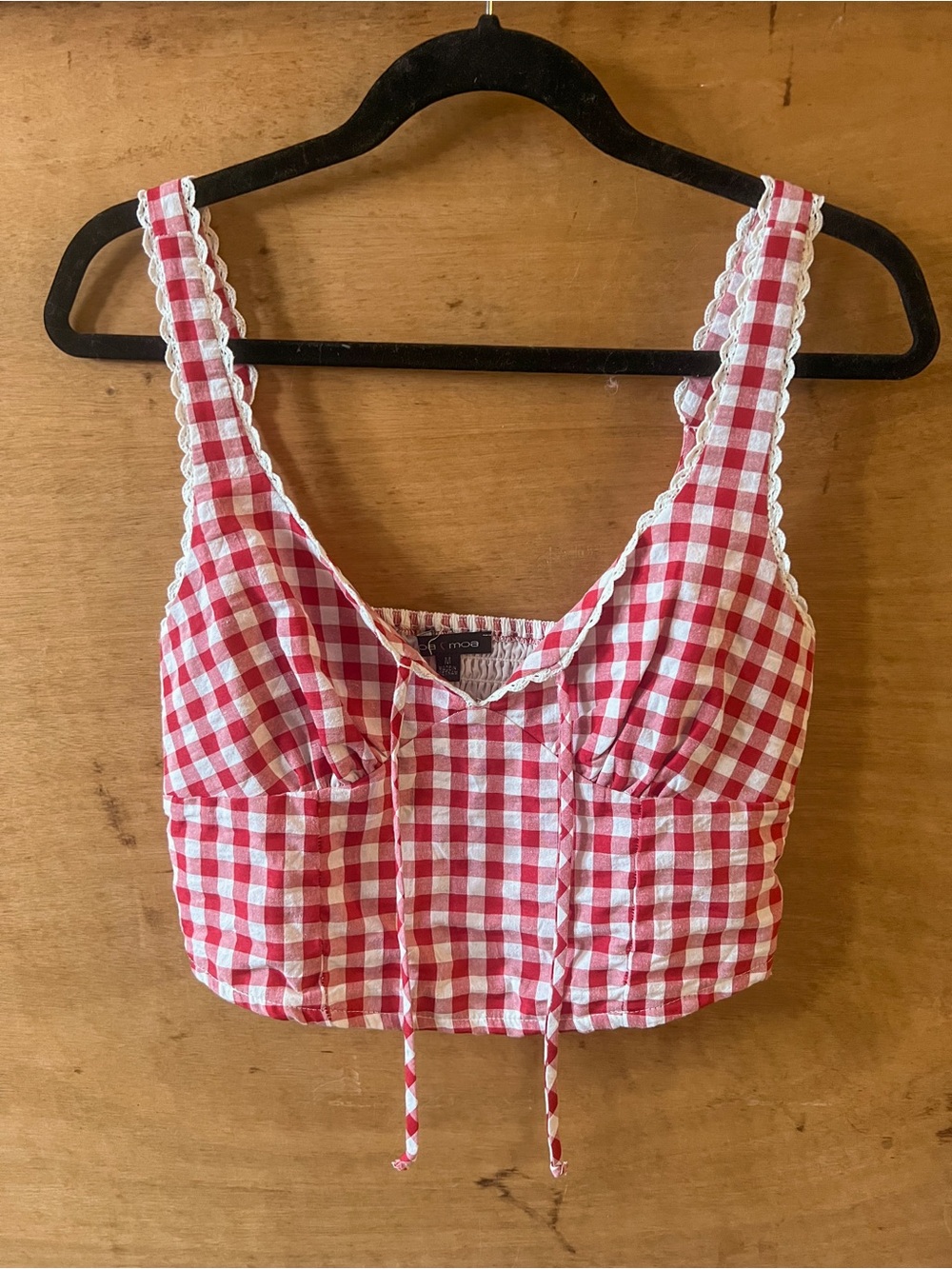 Moa Moa Red and White Gingham Crop Top with Lace Trim